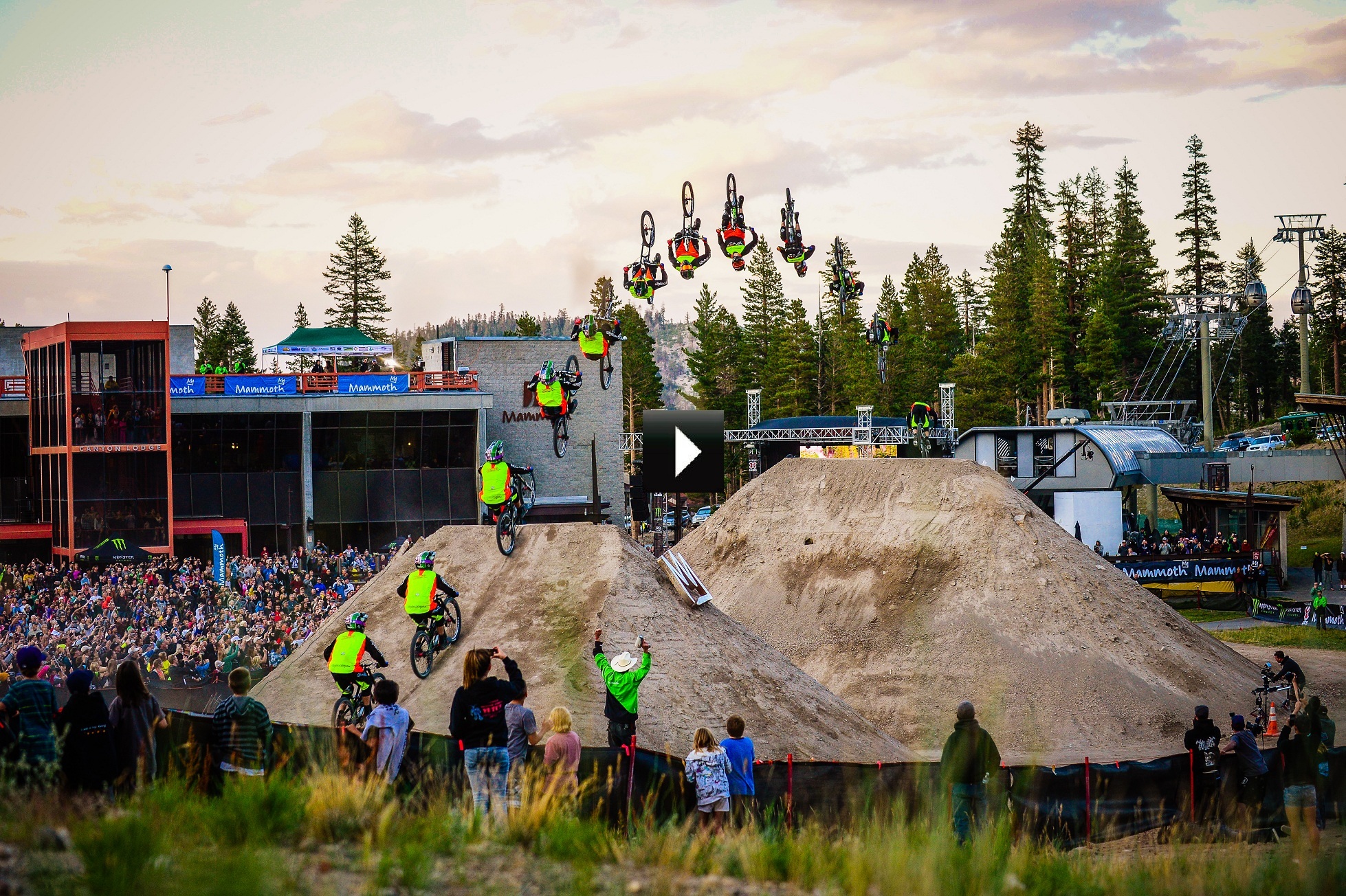 Cam Zink sets a GUINNESS BOOK WORLD RECORD for longest dirt-to-dirt mountain bike backflip in World of X Games: Mammoth Flip with Cam Zink presented by Monster Energy. Photo credit: Joe Faraoni/ESPN Images
