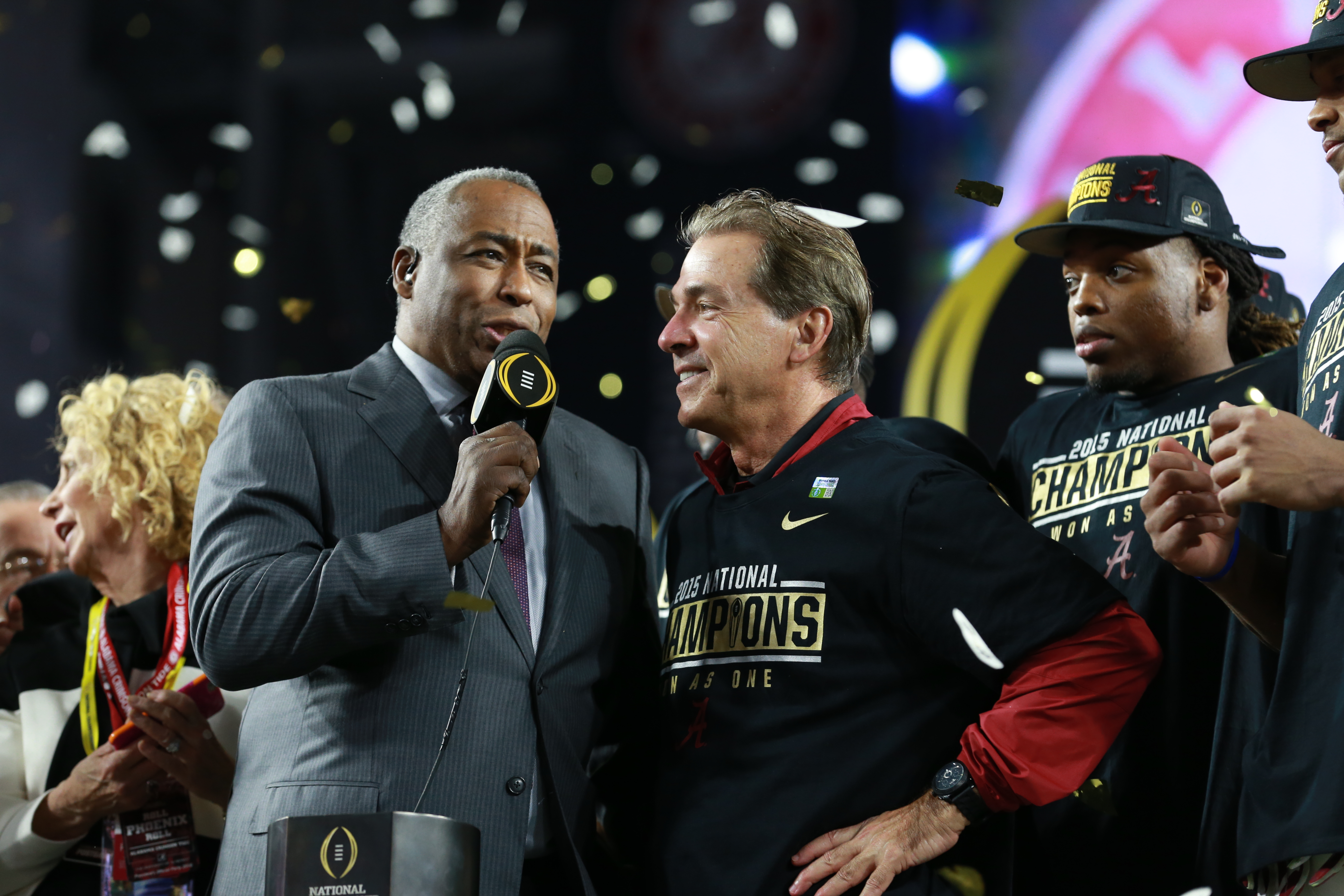 Glendale, AZ - January 12, 2016 - University of Phoenix Stadium: John Saunders and Coach Nick Saban of the University of Alabama Crimson Tide during the 2016 CFP National Championship game (Photo by Allen Kee / ESPN Images)