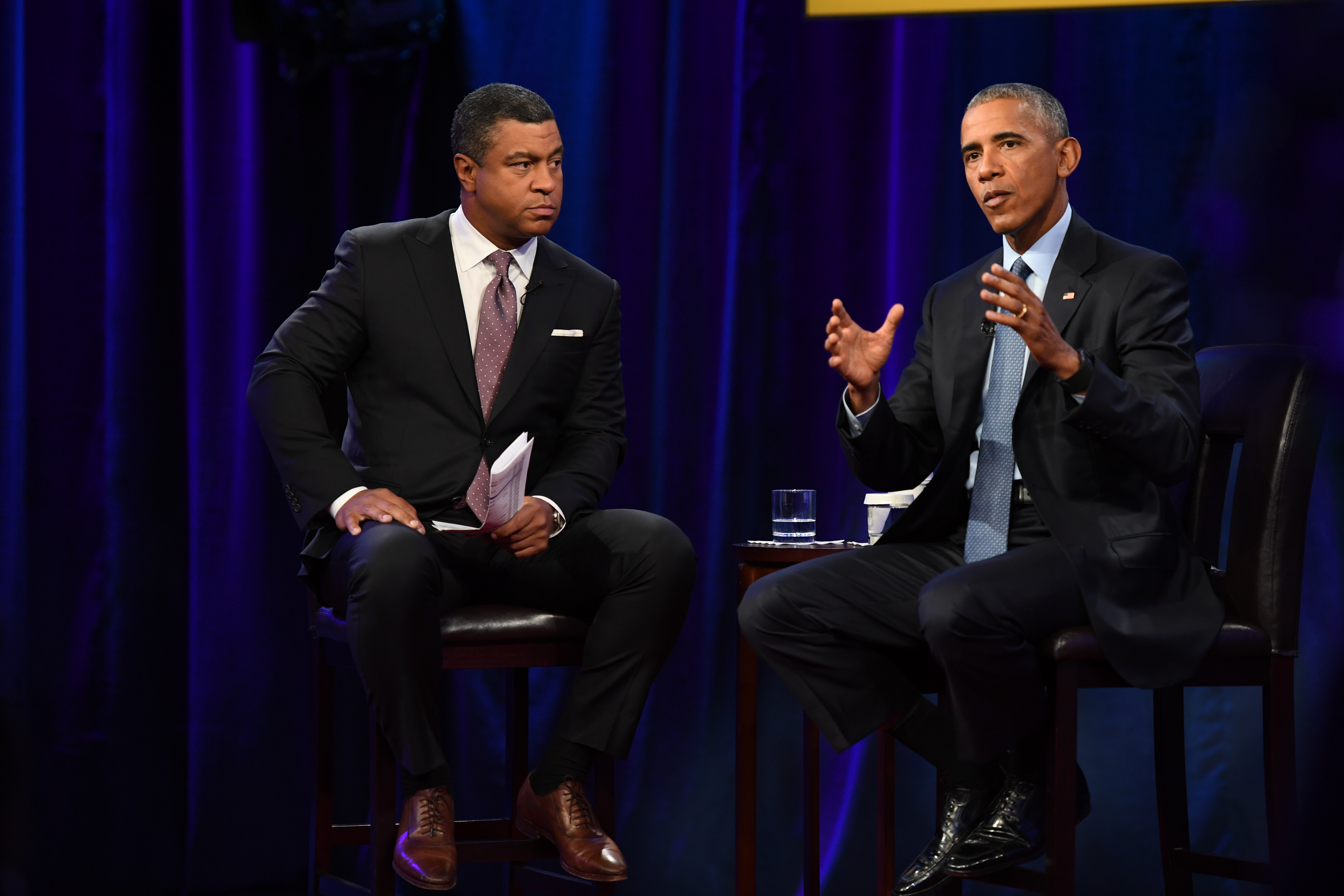 Greensboro, NC- October 11, 2016 - North Carolina A&T: Stan Verrett (l) and President Barack Obama during the A Conversation with The President: Sports, Race & Achievement.(photo by Brent Lewis / ESPN Images)