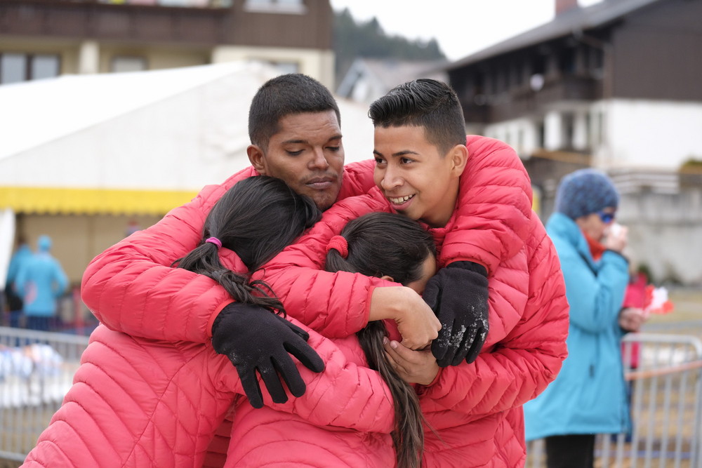 Ramsau, Styria - March 23, 2017: Jose F Dominguez, Kenneth J Meneses, Yitzy Alvarez and Jimena Araya of Costa Rica competing in Snowshoeing during the 2017 Special Olympics World Winter Games (Photo by Tristan Shu / ESPN Images)