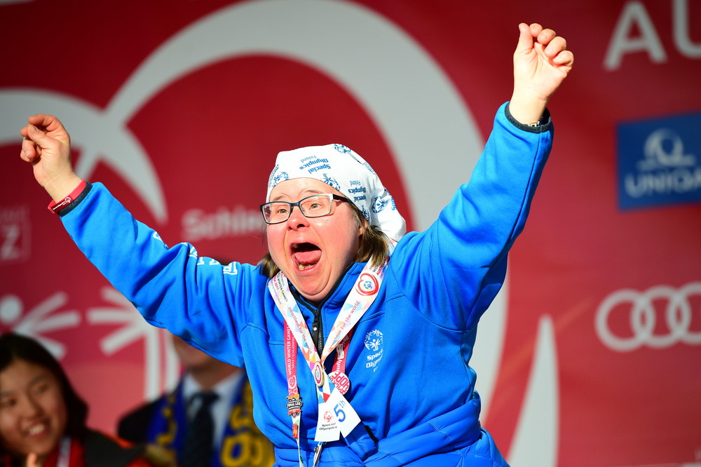 Schladming, Styria - March 23, 2017: Sanna Sepponen of Finland during the medal ceremony for Alpine Skiing at the 2017 Special Olympics World Winter Games (Photo by Kohjiro Kinno / ESPN Images)