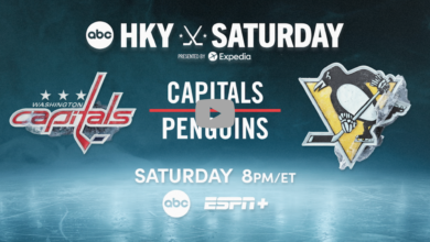 ABC Hockey Saturday highlighting the Washington Capitals against the Pittsburgh Penguins on Saturday at 8 PM/ET on ABC and simulcast on ESPN+.