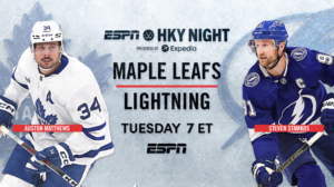 ESPN Hockey Night: Toronto Maple Leafs versus Tampa Bay Lightning Tuesday at 7 p.m. ET on ESPN Players shown: Toronto's Auston Matthews and Tampa Bay's Steven Stamkos