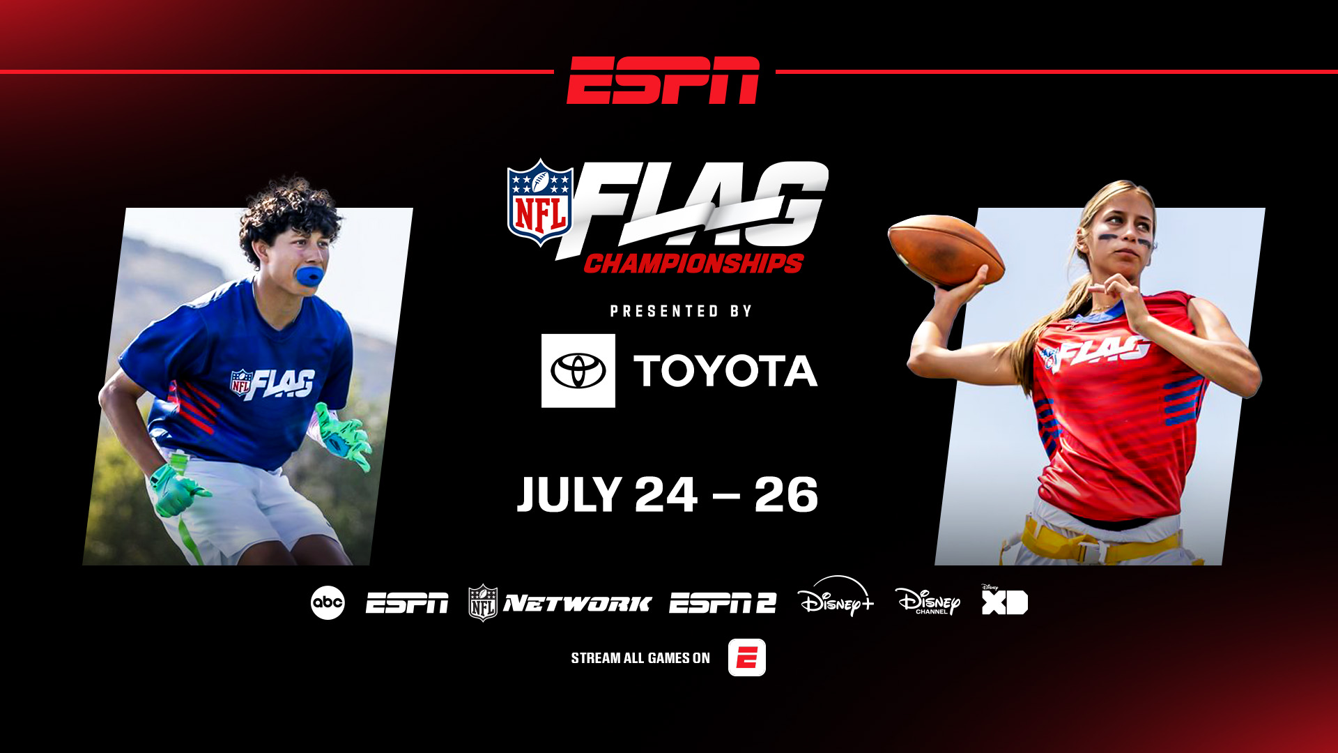 The excitement, joy and energy of youth flag football will once again take center stage across Disney and ESPN platforms as the NFL FLAG Championships return for a third consecutive year from Friday, July 24, through Sunday, July 26.