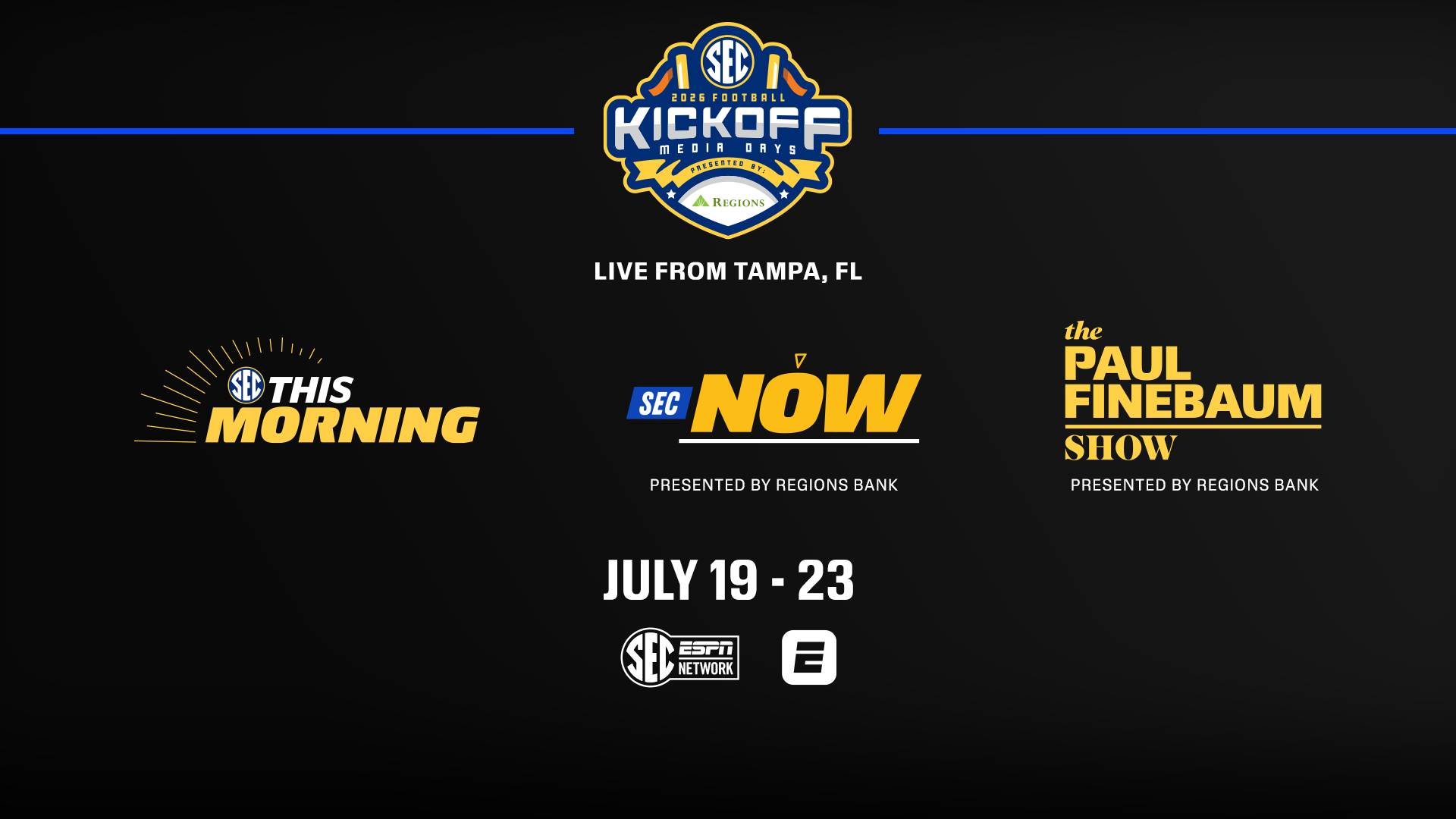 SEC Network gears up to host 50 hours of live studio programming surrounding the 2026 SEC Kickoff Presented by Regions Bank. SEC This Morning, SEC Now Presented by Regions Bank and The Paul Finebaum Show Presented by Regions Bank will showcase the event in its entirety from Tampa.