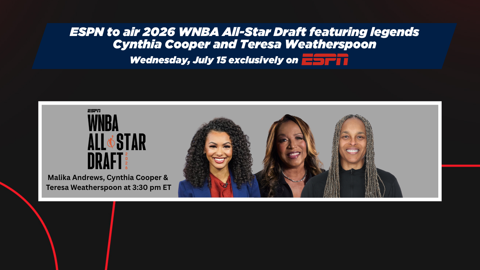 ESPN will exclusively present the 2026 WNBA All-Star Draft on Wednesday, July 15, from 3:30–4 p.m. ET on ESPN, as Naismith Memorial Basketball Hall of Famers Cynthia Cooper and Teresa Weatherspoon draft the teams for the 2026 AT&T WNBA All-Star Game. 